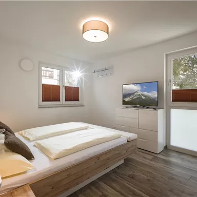 A modern bedroom with a double bed and wooden bed frame. There is a TV, a desk, and large windows with a view outside.