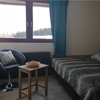 A cozy room with a window that offers a view of trees. In the room, there is a chair, a table with a bowl of oranges, and a bed with a gray blanket.