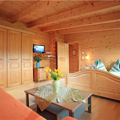 A cozy room with wooden walls and furniture. The room contains a sofa, a table, and a television, as well as decorative plants.