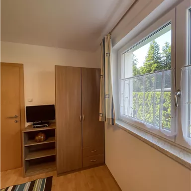 A simple room with a wardrobe, a small TV, and a window with a view to the outside. The floor is made of wood and the carpet has striped patterns.