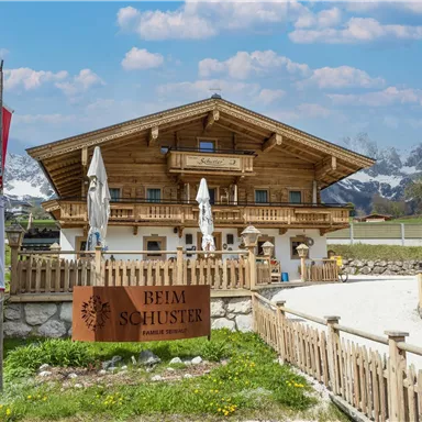 A traditional wooden house in the Alps with a cozy outdoor area. Surrounded by magnificent mountains and green grass.