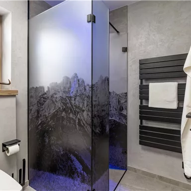 A modern bathroom with a shower separated by a glass wall featuring a mountain design. The walls are in neutral tones, and towels are neatly hung.