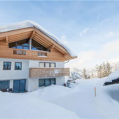 A modern house in the snow with a large wooden roof. The surroundings are wintry and peaceful.