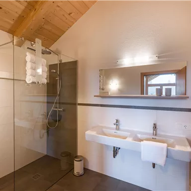 A modern bathroom with a walk-in shower and two sinks. The wooden ceiling gives the room a warm atmosphere.