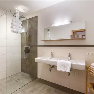 A modern bathroom with a spacious shower and an elegant sink. Towels are neatly stacked on a wooden shelf.