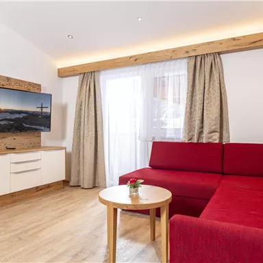 A modern living room with a red sofa and a television on the wall. Large windows provide plenty of light and a cozy atmosphere.