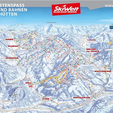 A clear map of the SkiWelt with 288 km of pistes, 90 lifts and gondolas, and 80 quaint huts. The map shows the ski areas and stations in the Alps.