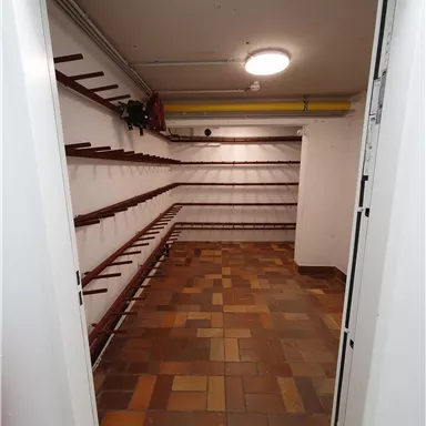 An empty room with brown tiles and white walls. Shelves for storage are mounted on the walls.