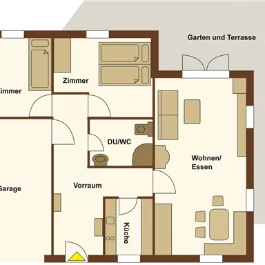 A floor plan of an apartment with several rooms. The areas include a living room, a kitchen, and two bedrooms.
