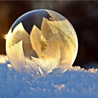 A frozen soap bubble lies on the snow. It displays delicate ice patterns and reflects the light.
