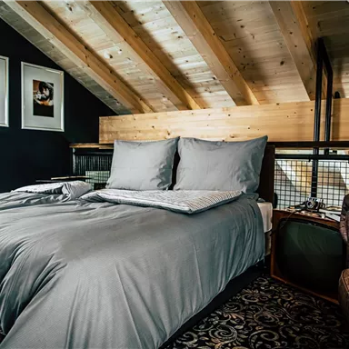 A modern bedroom with a cozy bed and a wooden ceiling. There is also a comfortable armchair and some art pieces on the wall.