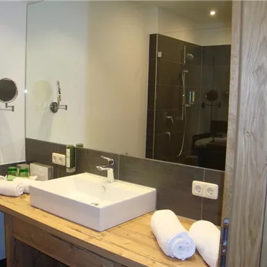 A modern bathroom with a sink on a wooden base. In the background, a shower and mirror can be seen.