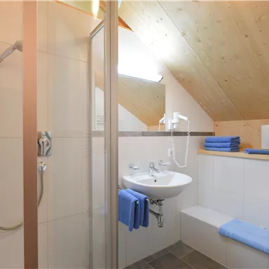 A modern bathroom with a shower, a sink, and blue towels. The wooden ceiling creates a cozy atmosphere.