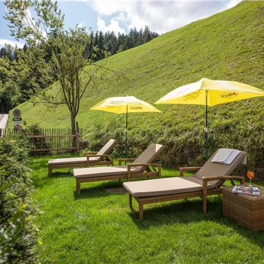 Cozy loungers on a green meadow under yellow sun umbrellas. In the background, a gentle hill and trees can be seen.