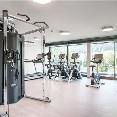 A modern gym with various fitness equipment and large windows. The view of nature outside enhances the inviting atmosphere.