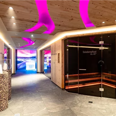 A modern wellness oasis with wooden walls and stylish lighting design. In the background, access to the sauna is visible.