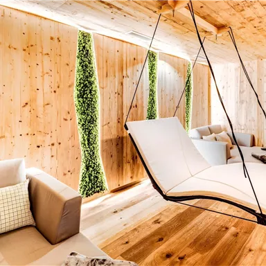 A modern, inviting living room with wooden walls and green plant accents. A comfortable hanging lounge and a friendly atmosphere invite relaxation.