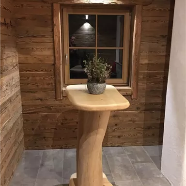 Eine Holzsäule mit einer kleinen Pflanze steht neben einem Fenster in einem gut beleuchteten Raum. Die Wände sind mit rustikalem Holz verkleidet.