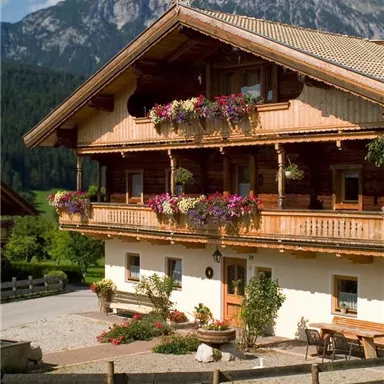 A cozy alpine house with blooming balcony boxes. In the background, majestic mountains and a green landscape can be seen.