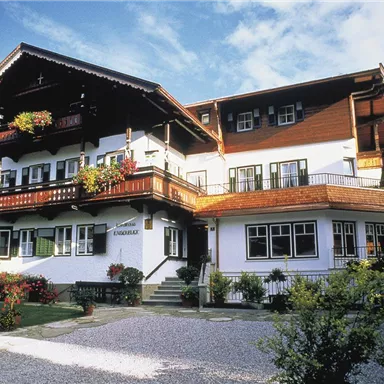 Ein charmantes, traditionelles Holzhaus mit blühenden Balkonblumen. Der grüne Garten und der blaue Himmel verleihen der Umgebung eine einladende Atmosphäre.