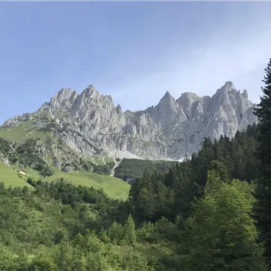 An impressive mountain landscape with tall cliffs and lush greenery. The clear sky complements the natural beauty of the surroundings.