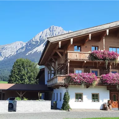 Ein gemütliches Holzhaus mit blühenden Balkonblumen vor einer beeindruckenden Berglandschaft. Der Himmel ist klar und die Natur um das Haus ist grün und einladend.
