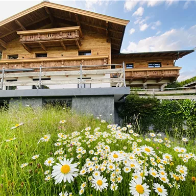 Ein schönes Holzhaus mit Balkonen und großen Fenstern. Vor dem Haus blühen viele Gänseblümchen auf einer grünen Wiese.