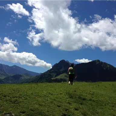 A person is hiking over a green meadow in the mountains. The sky is blue with some white clouds.