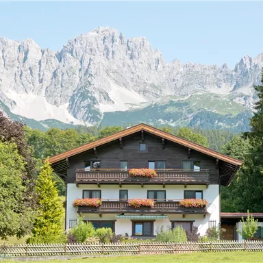 Ein schönes Landhaus mit mehreren Etagen und blühenden Balkonkästen. Im Hintergrund ragen majestätische Berge in den klaren Himmel.