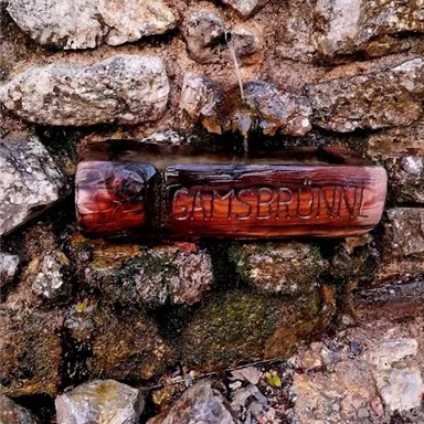 Ein rustikaler Holzbrunnen ist in eine Steinfassade eingefügt. Der Name "Gaisbrunn" ist deutlich in das Holz geschnitzt.