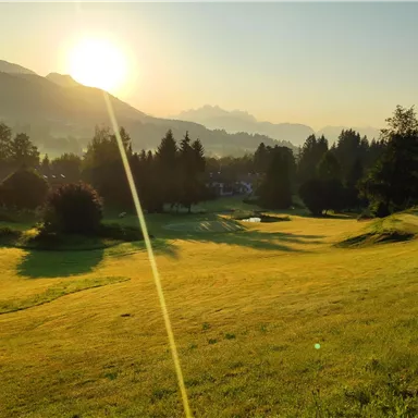 Eine malerische Landschaft mit sanften Hügeln und Bäumen. Die Sonne geht hinter den Bergen auf und taucht die Szene in warmes Licht.