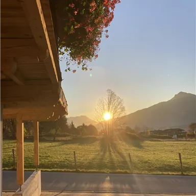 A sunny sunrise behind mountains, with long shadows in the foreground. Blooming plants hang from a wooden overhang.