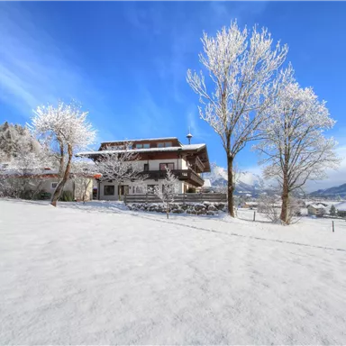 A winter house surrounded by snow-covered terrain and frozen trees. The sky is clear and shines in blue.