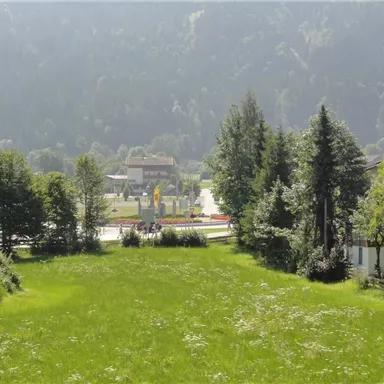 Eine grüne Wiese umgeben von Bäumen. Im Hintergrund sieht man ein kleines Dorf in einer bergigen Landschaft.