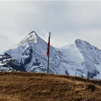 Zwei schneebedeckte Berge heben sich majestätisch gegen den Himmel ab. Im Vordergrund steht eine Fahne auf einer grünen Wiese.