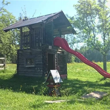 A wooden playhouse with a red slide stands on a lawn. In the background, trees and a fence can be seen.