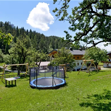 A spacious garden with a trampoline and swing set. In the background, trees and a building are visible.