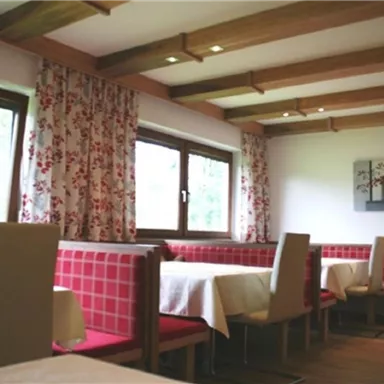 A cozy restaurant with red benches and bright tablecloths. Large windows provide plenty of daylight.