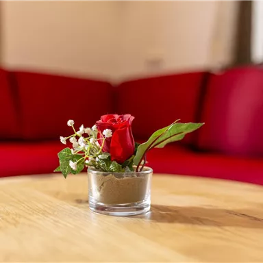 A red rose in a small glass vase with green foliage and white flowers sits on a wooden table. In the background, a red couch is visible.