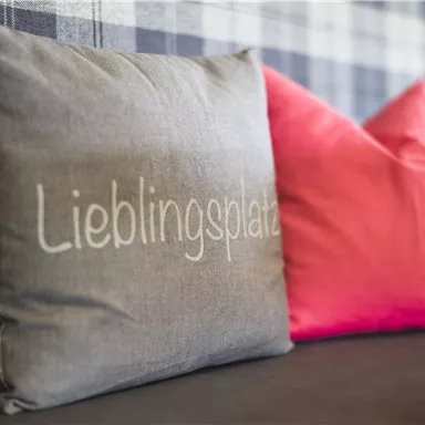 Zwei dekorative Kissen auf einer Couch. Eines ist grau mit der Aufschrift "Lieblingsplatz" und das andere ist pink.