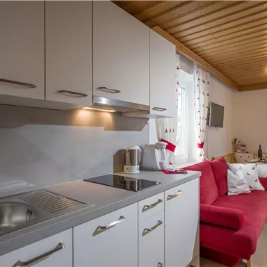 A modern furnished kitchen with a red sofa. Plenty of daylight comes in through the windows, creating a cozy atmosphere.