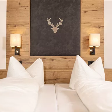 A cozy bedroom with two single beds and wooden-clad walls. Above the bed hangs a stylish wall decor featuring a deer antler motif.
