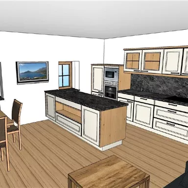 A modern kitchen with wooden furniture and black countertops. It features a dining table, chairs, and a television on the wall.
