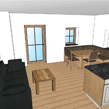 A modern living kitchen with a dining table and chairs. On the left side, there is a sofa and a coffee table.