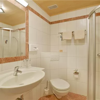 Ein modernes Badezimmer mit einer Duschkabine, einem Toilette und einem Waschbecken. Die Wände sind gefliest und es gibt eine große Spiegeloberfläche.