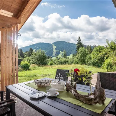 A beautiful outdoor area with a table and chairs, surrounded by a green meadow and mountains in the background. The sky is partly cloudy and there are blooming plants on the table.