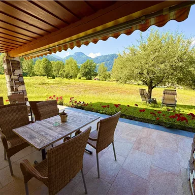 A cozy terrace with a wooden table and chairs offers a view of a green meadow and mountains in the background. In the garden, there are some chairs and a tree with lush foliage.