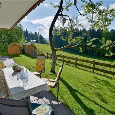 An inviting outdoor area with a table and chairs, surrounded by green grass and a beautiful view of the landscape. In the background, trees and a small shed can be seen.