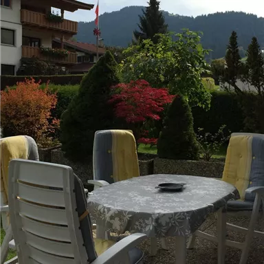 A cozy garden with a table and chairs. In the background, there are trees and mountains visible.