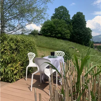 Ein gemütlicher Außenbereich mit einem Tisch und zwei Stühlen auf einer Holzterrasse. Im Hintergrund sind üppiges Grün und Bäume zu sehen, unter einem klaren blauen Himmel.
